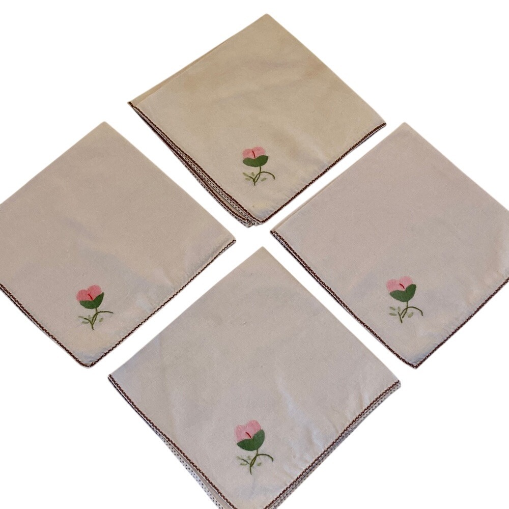 Hand Embroidered Set of 4 Light‎ Tan Cloth Napkins Pink Flower Cottagecore 15x15